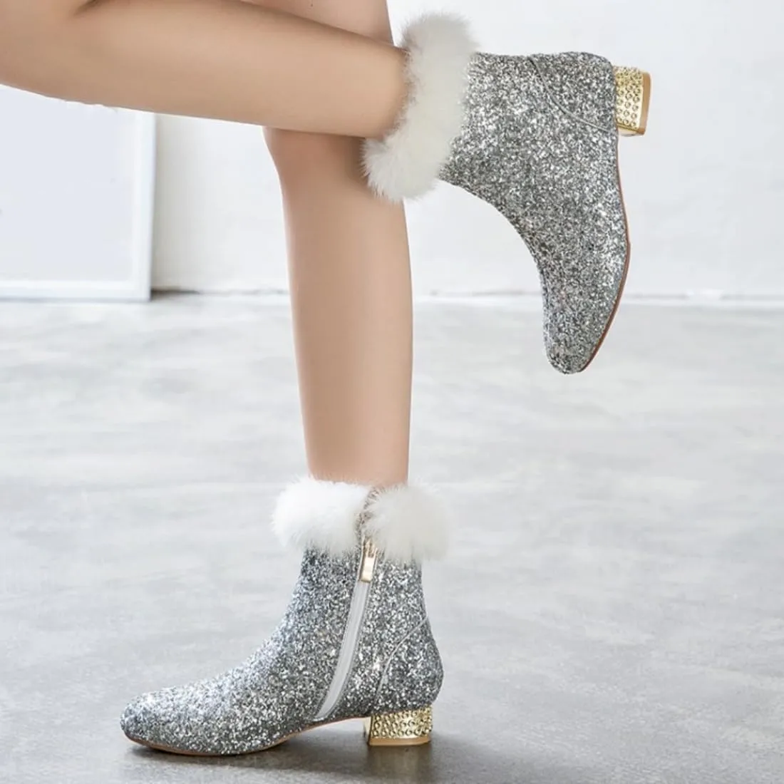 MAVMAX Sequin Low Heeled Ankle Boots Women Sparkly Glitter Block Heel Booties