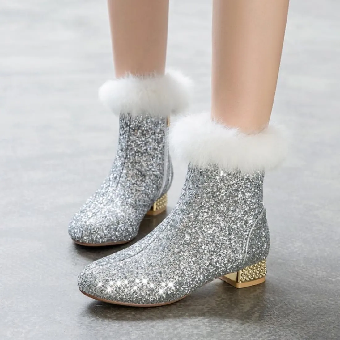 MAVMAX Sequin Low Heeled Ankle Boots Women Sparkly Glitter Block Heel Booties