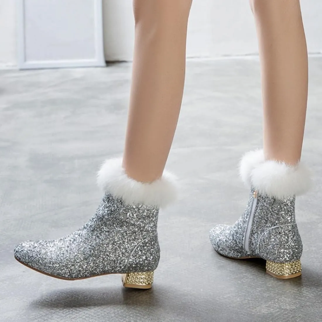 MAVMAX Sequin Low Heeled Ankle Boots Women Sparkly Glitter Block Heel Booties