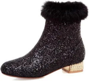 MAVMAX Sequin Low Heeled Ankle Boots Women Sparkly Glitter Block Heel Booties
