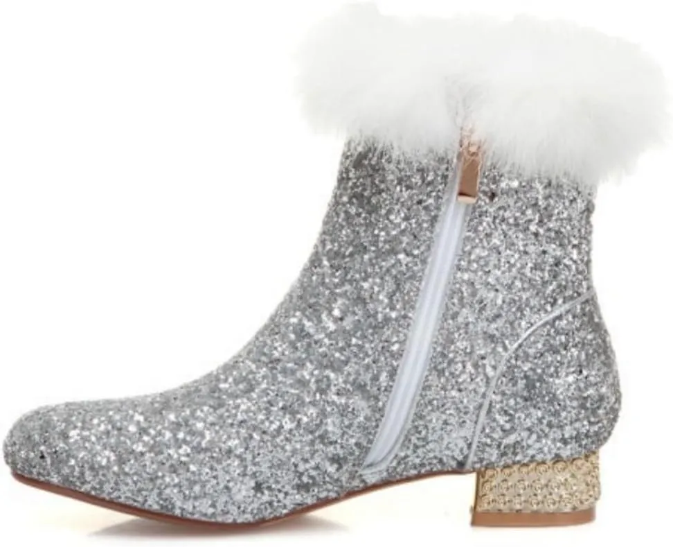 MAVMAX Sequin Low Heeled Ankle Boots Women Sparkly Glitter Block Heel Booties
