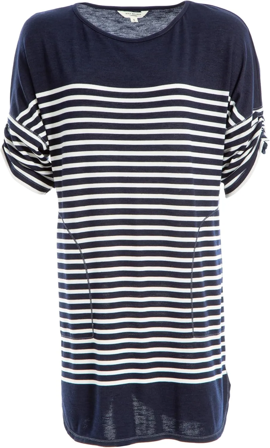 Max Studio Women's Spring 2023 Fashion Casual Ruched Sleeve Striped Everyday Short Dress with Pockets
