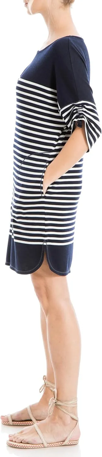 Max Studio Women's Spring 2023 Fashion Casual Ruched Sleeve Striped Everyday Short Dress with Pockets