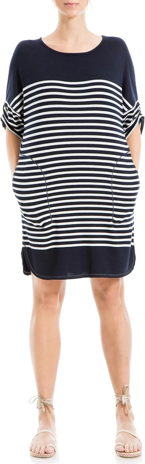 Max Studio Women's Spring 2023 Fashion Casual Ruched Sleeve Striped Everyday Short Dress with Pockets