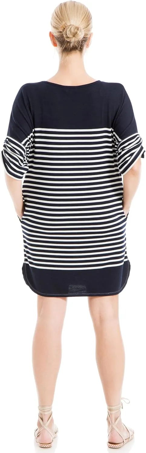 Max Studio Women's Spring 2023 Fashion Casual Ruched Sleeve Striped Everyday Short Dress with Pockets