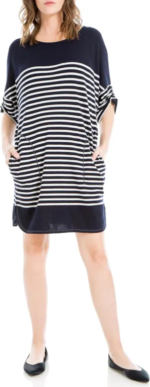 Max Studio Women's Spring 2023 Fashion Casual Ruched Sleeve Striped Everyday Short Dress with Pockets