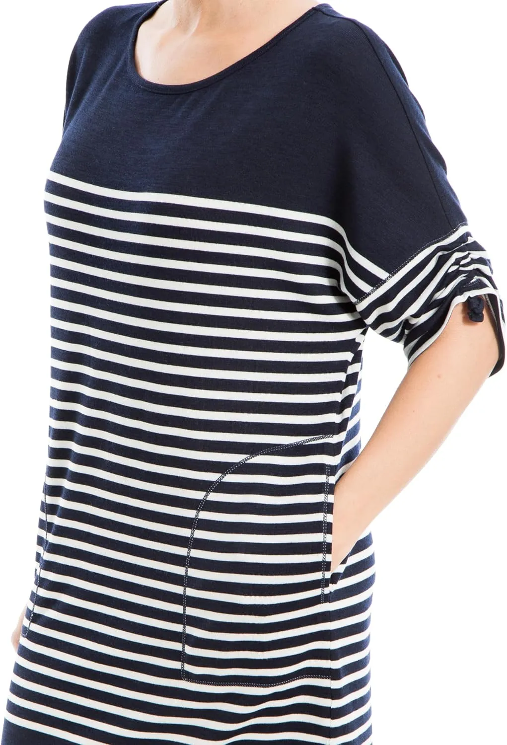 Max Studio Women's Spring 2023 Fashion Casual Ruched Sleeve Striped Everyday Short Dress with Pockets