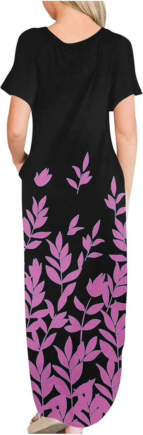 Maxi Dresses for Women Short Sleeve Colorful Flower Graphic Sundresses Loose Trendy Casual Long Dresses