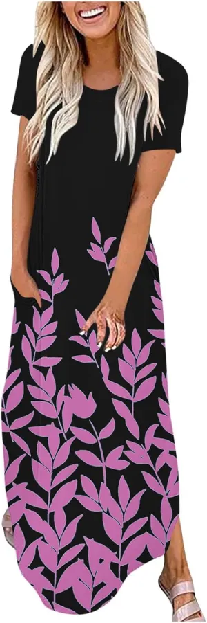 Maxi Dresses for Women Short Sleeve Colorful Flower Graphic Sundresses Loose Trendy Casual Long Dresses