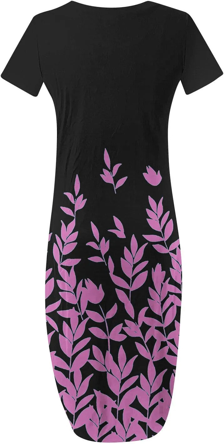 Maxi Dresses for Women Short Sleeve Colorful Flower Graphic Sundresses Loose Trendy Casual Long Dresses