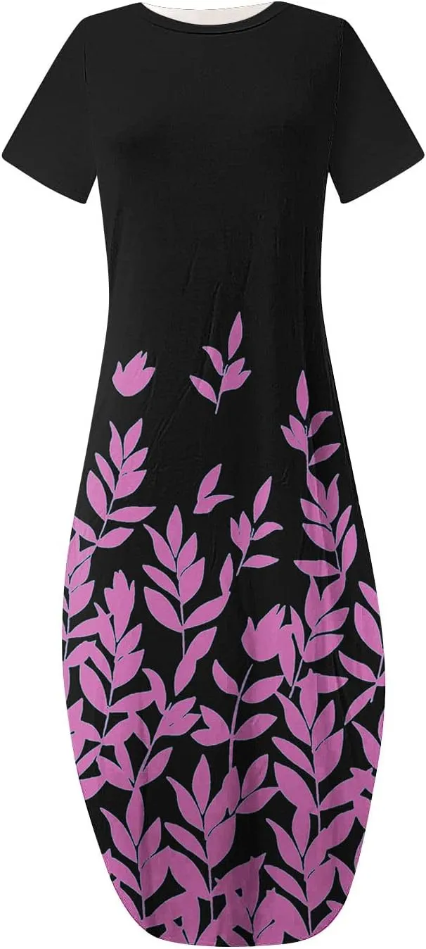 Maxi Dresses for Women Short Sleeve Colorful Flower Graphic Sundresses Loose Trendy Casual Long Dresses