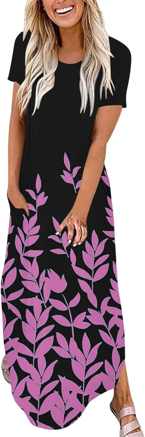Maxi Dresses for Women Short Sleeve Colorful Flower Graphic Sundresses Loose Trendy Casual Long Dresses