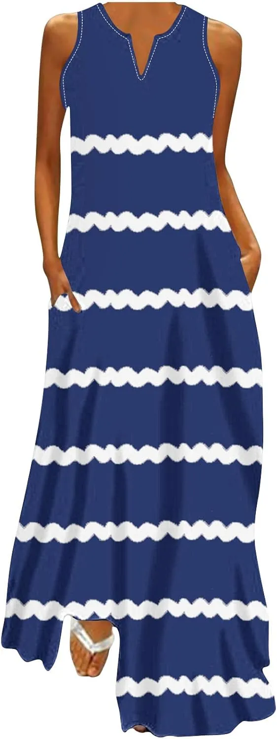 Maxi Dresses for Women Trendy 2024 Sleeveless Striped Print Beach Vacation Long Sundress Causal Party Prom Dress