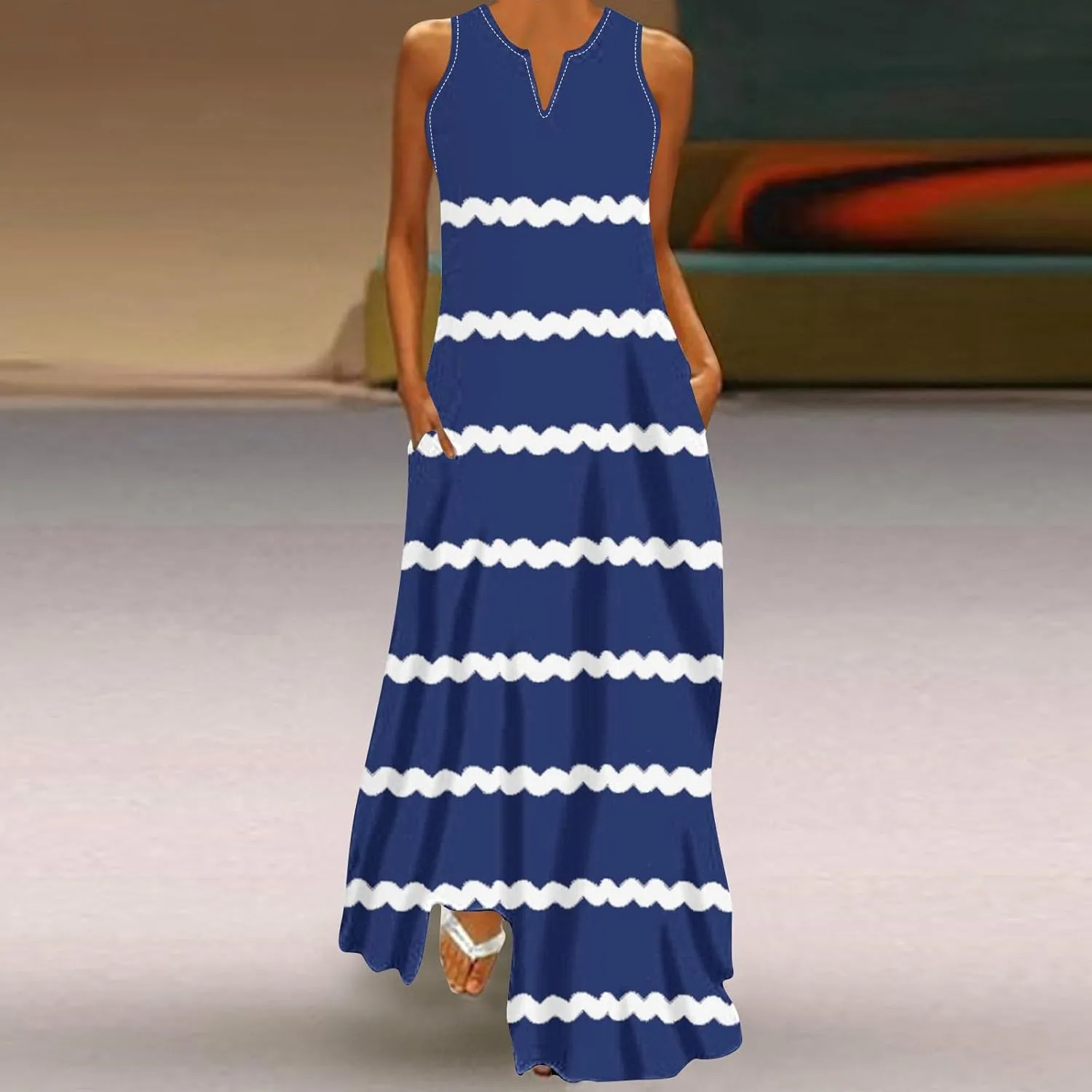 Maxi Dresses for Women Trendy 2024 Sleeveless Striped Print Beach Vacation Long Sundress Causal Party Prom Dress
