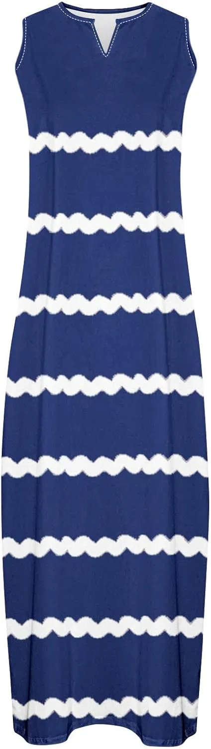 Maxi Dresses for Women Trendy 2024 Sleeveless Striped Print Beach Vacation Long Sundress Causal Party Prom Dress