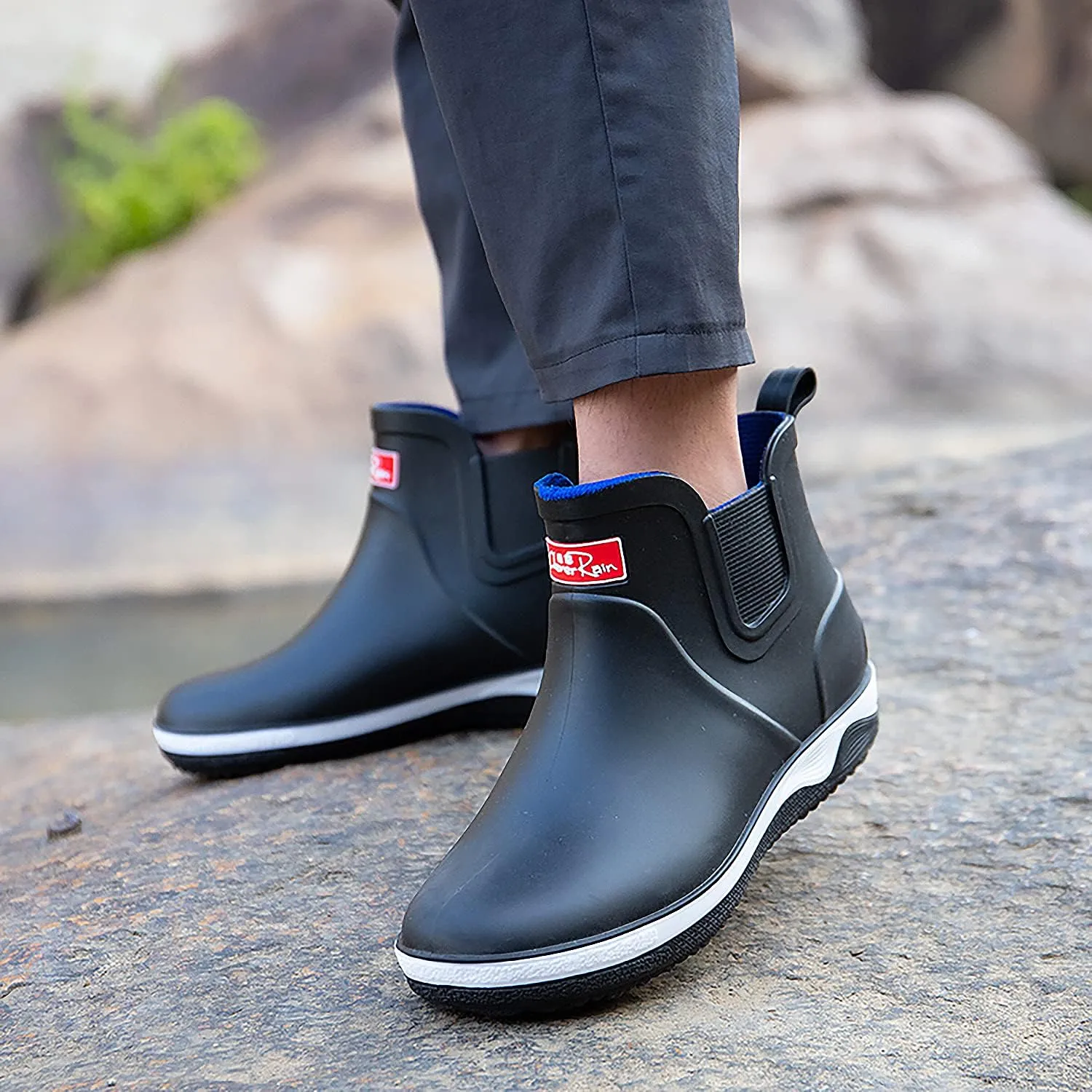 Men’s Ankle Rain Boots Waterproof Chelsea Boots Slip-On Garden Work Shoes Rain Footwear