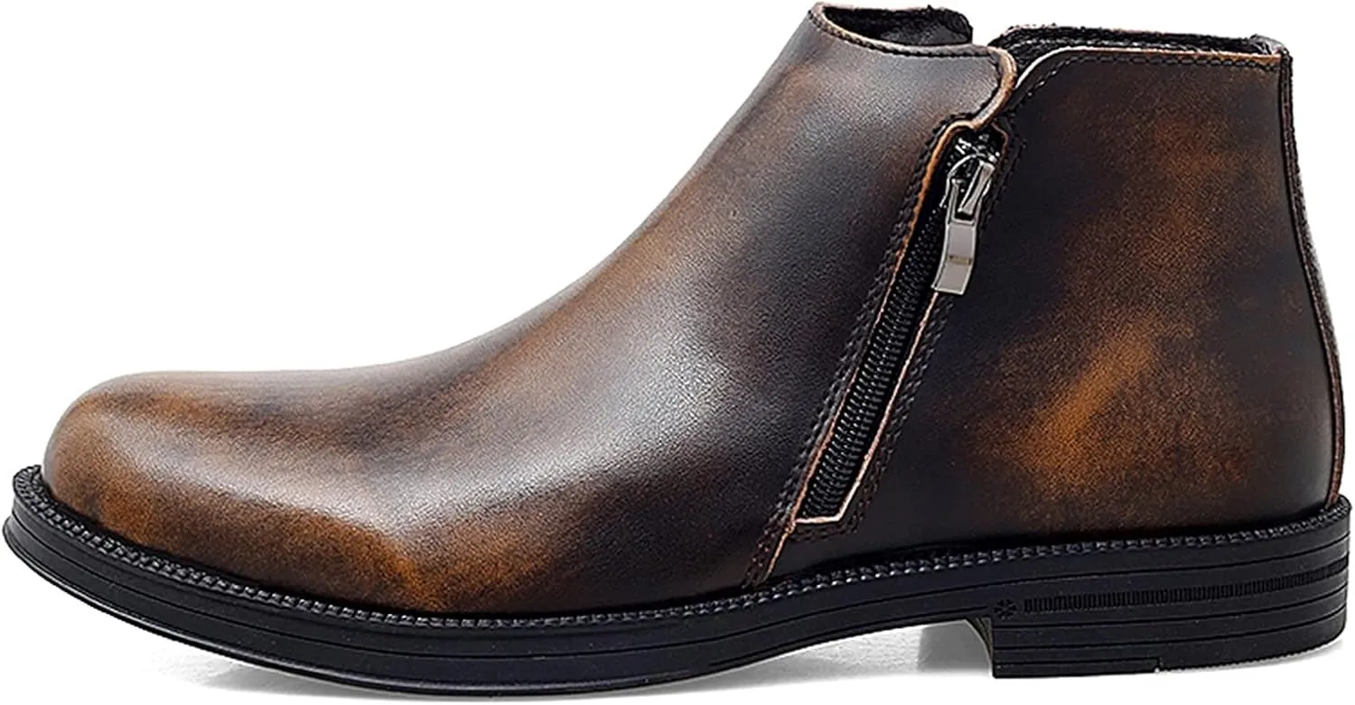 Men's Chelsea Ankle Boots Double Side Zip Retro Cowhide Leather Waterproof Non Wearable Dress Fashion Slip On