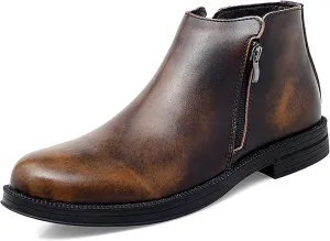 Men's Chelsea Ankle Boots Double Side Zip Retro Cowhide Leather Waterproof Non Wearable Dress Fashion Slip On