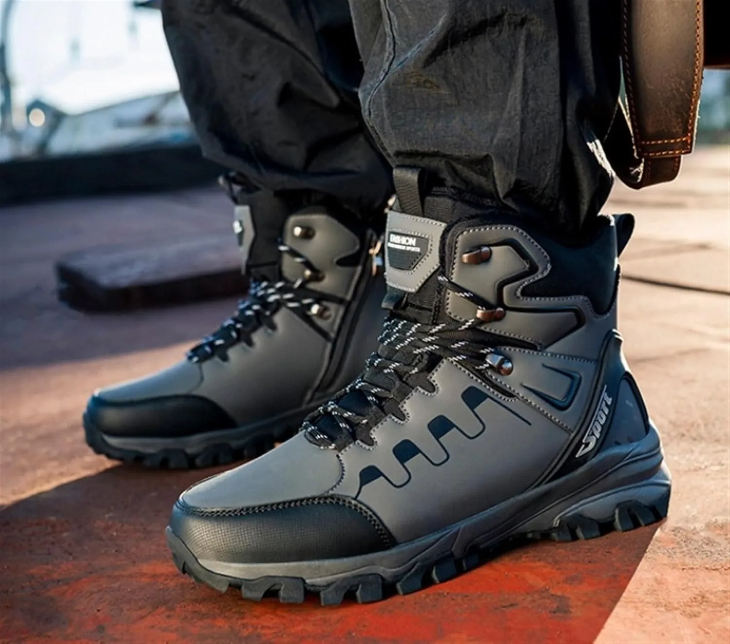 Men's Fashion Winter Snow Boots Outdoor Side Zipper High-top Sneakers Plush Lining Casual Warm Ankle Boots Anti-slip And Waterproof Hiking Boots Camp Backpacking Boots For Men