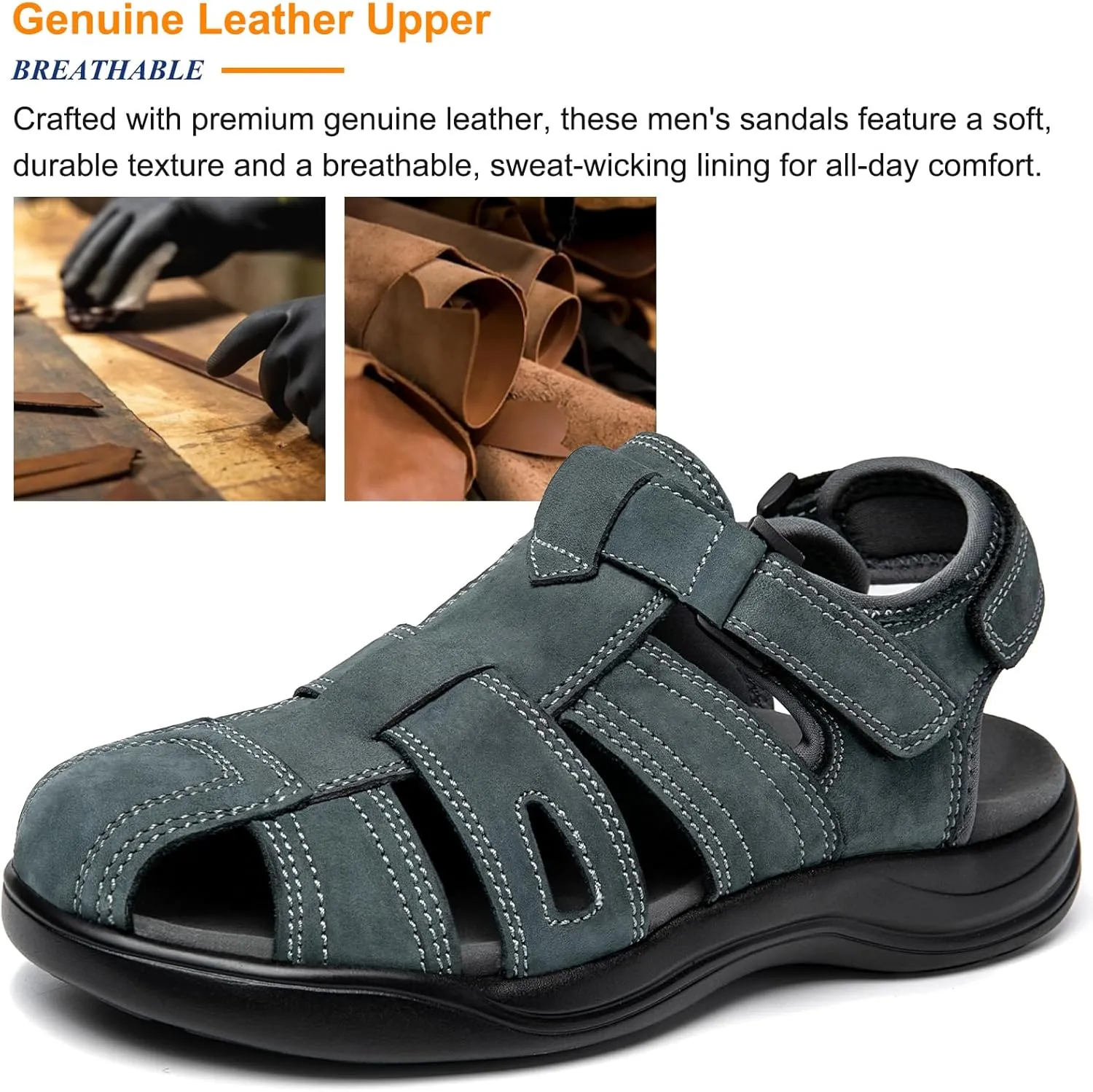 Mens Fisherman Leather Closed Toe Sandals Walking Dress Casual Sandalias Whith Memory Foam Summer Outdoor Athletic Adjustable Comfortable