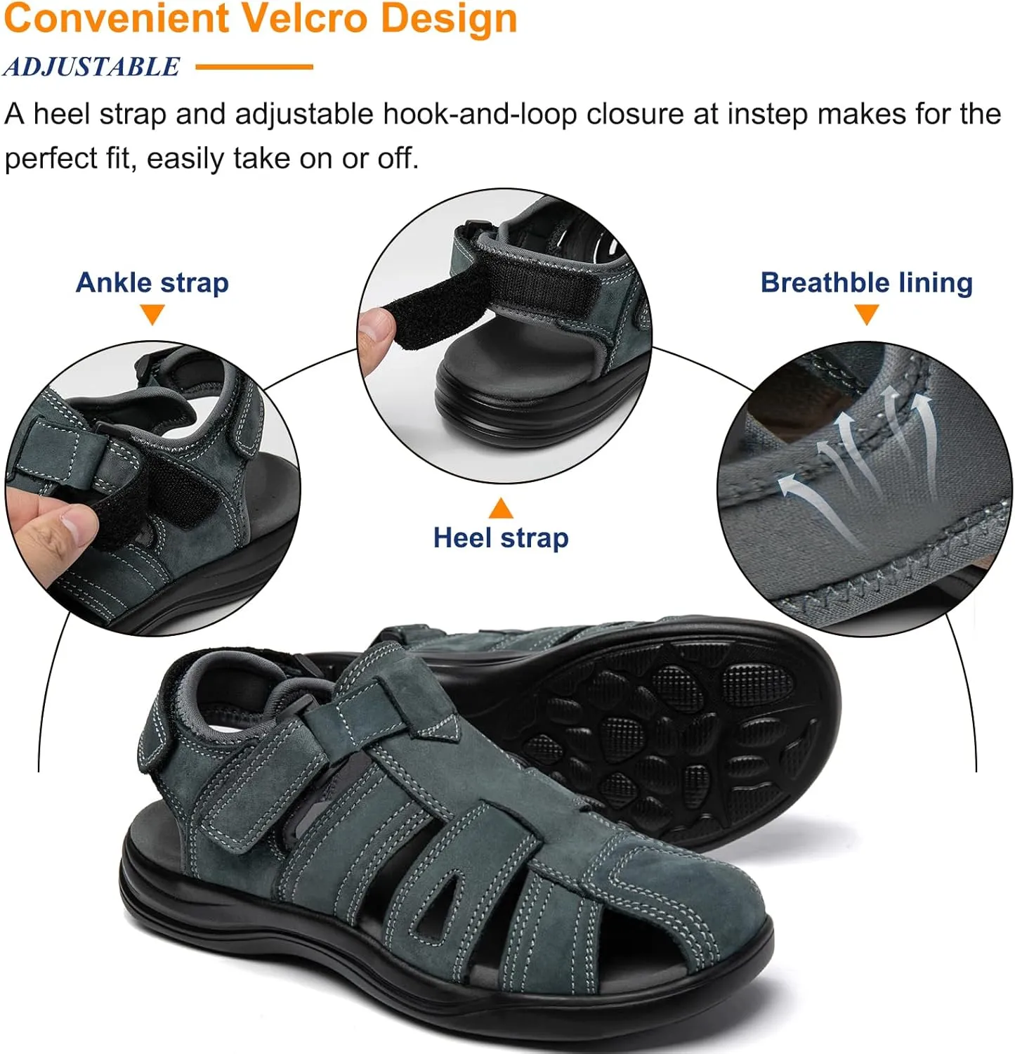 Mens Fisherman Leather Closed Toe Sandals Walking Dress Casual Sandalias Whith Memory Foam Summer Outdoor Athletic Adjustable Comfortable