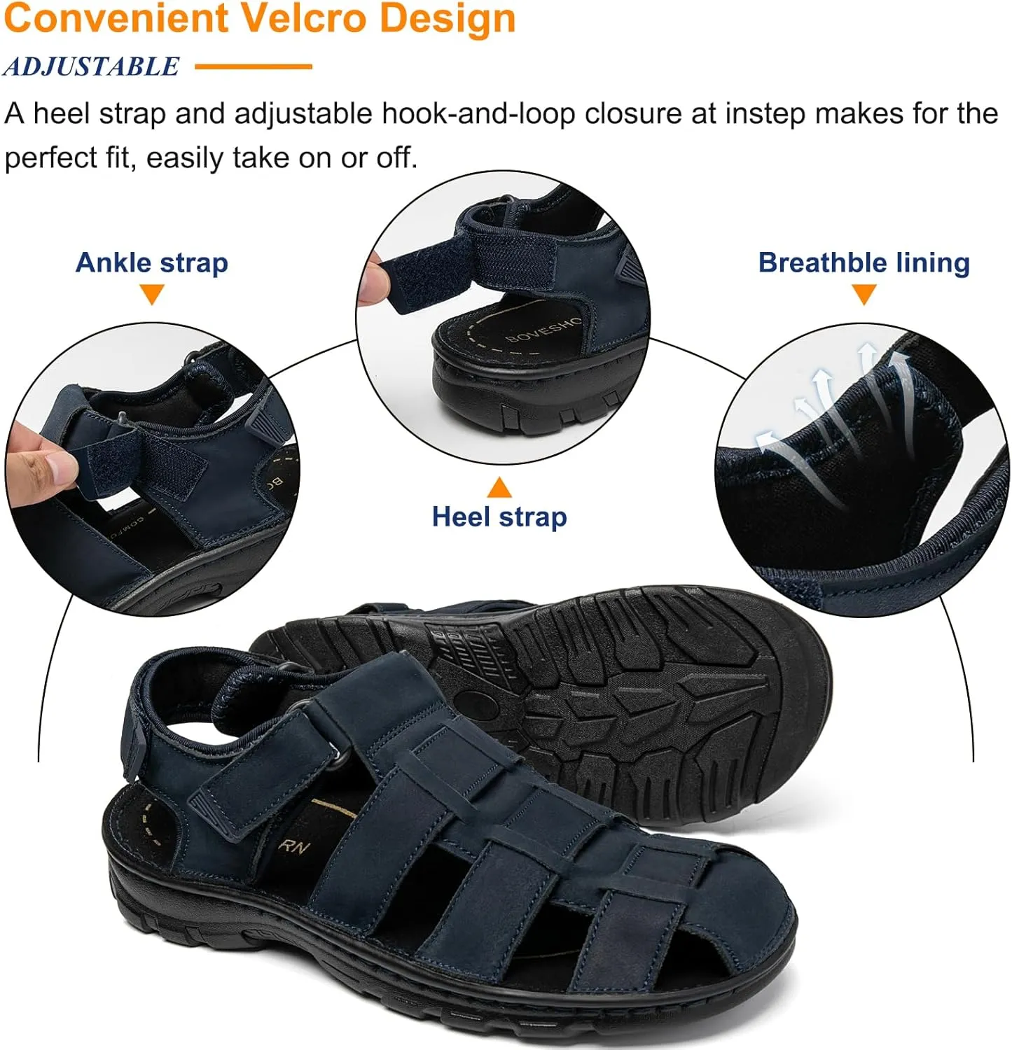Mens Fisherman Leather Closed Toe Sandals Walking Dress Casual Sandalias Whith Memory Foam Summer Outdoor Athletic Adjustable Comfortable