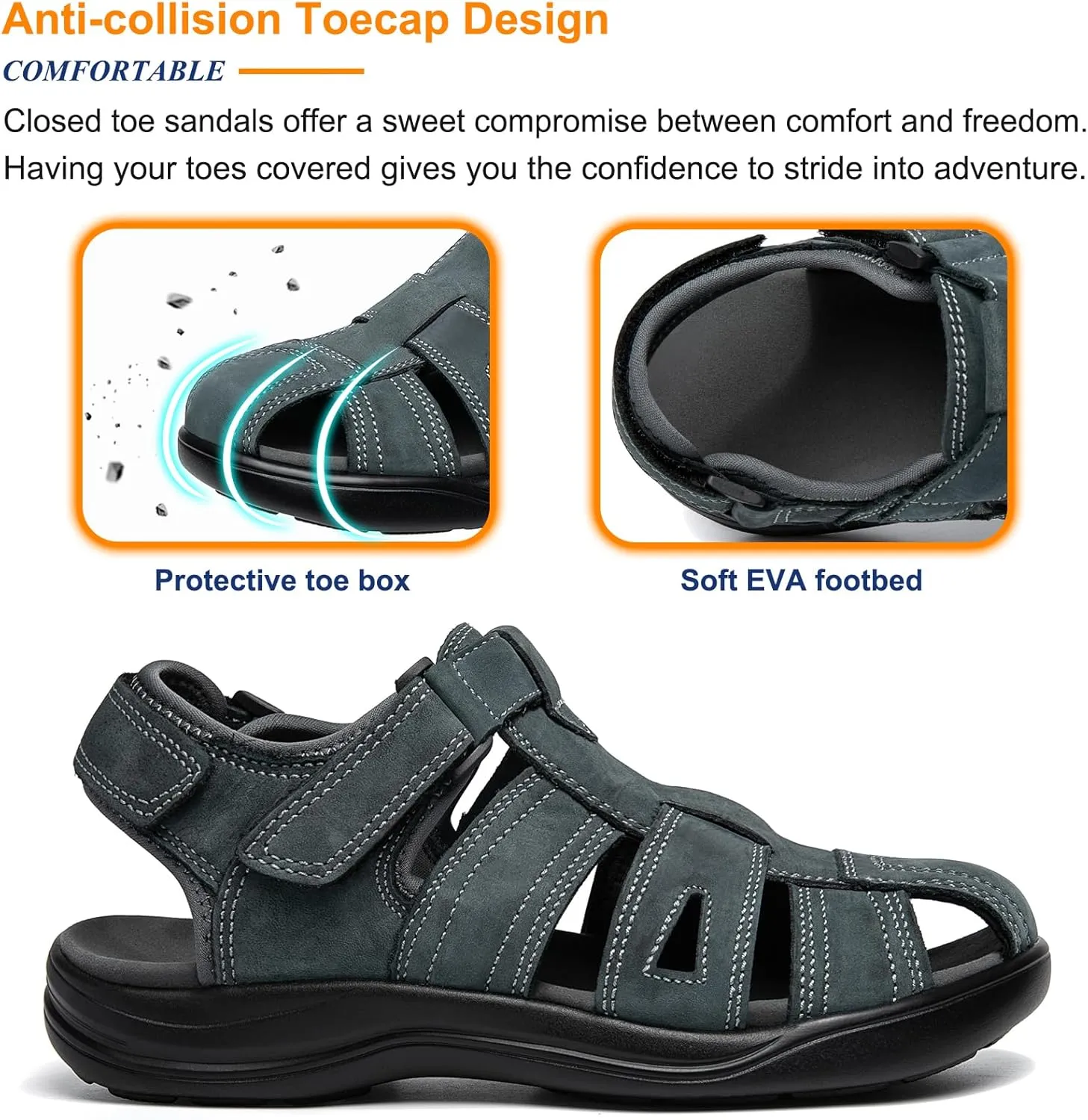 Mens Fisherman Leather Closed Toe Sandals Walking Dress Casual Sandalias Whith Memory Foam Summer Outdoor Athletic Adjustable Comfortable