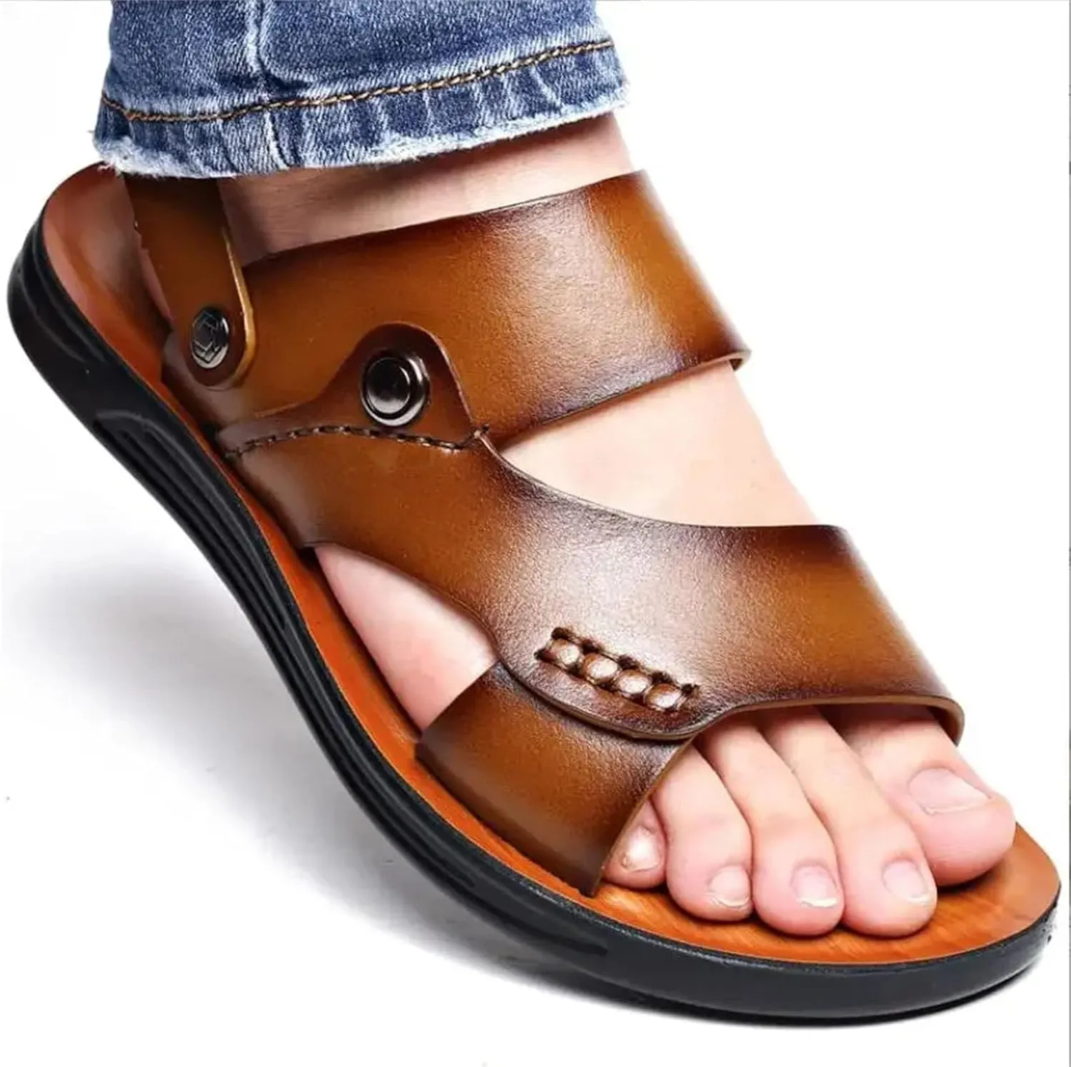 Men's Genuine Leather Sandals - Cowhide Casual Beach Slippers