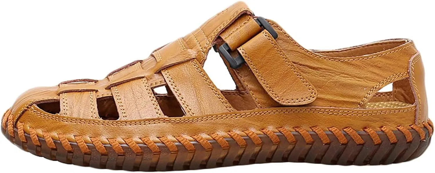 Mens Leather Hiking Sandals Closed Toe Walking Sandals Sports Outdoors Breathable Trekking Athletic Sandals Summer Beach Shoes