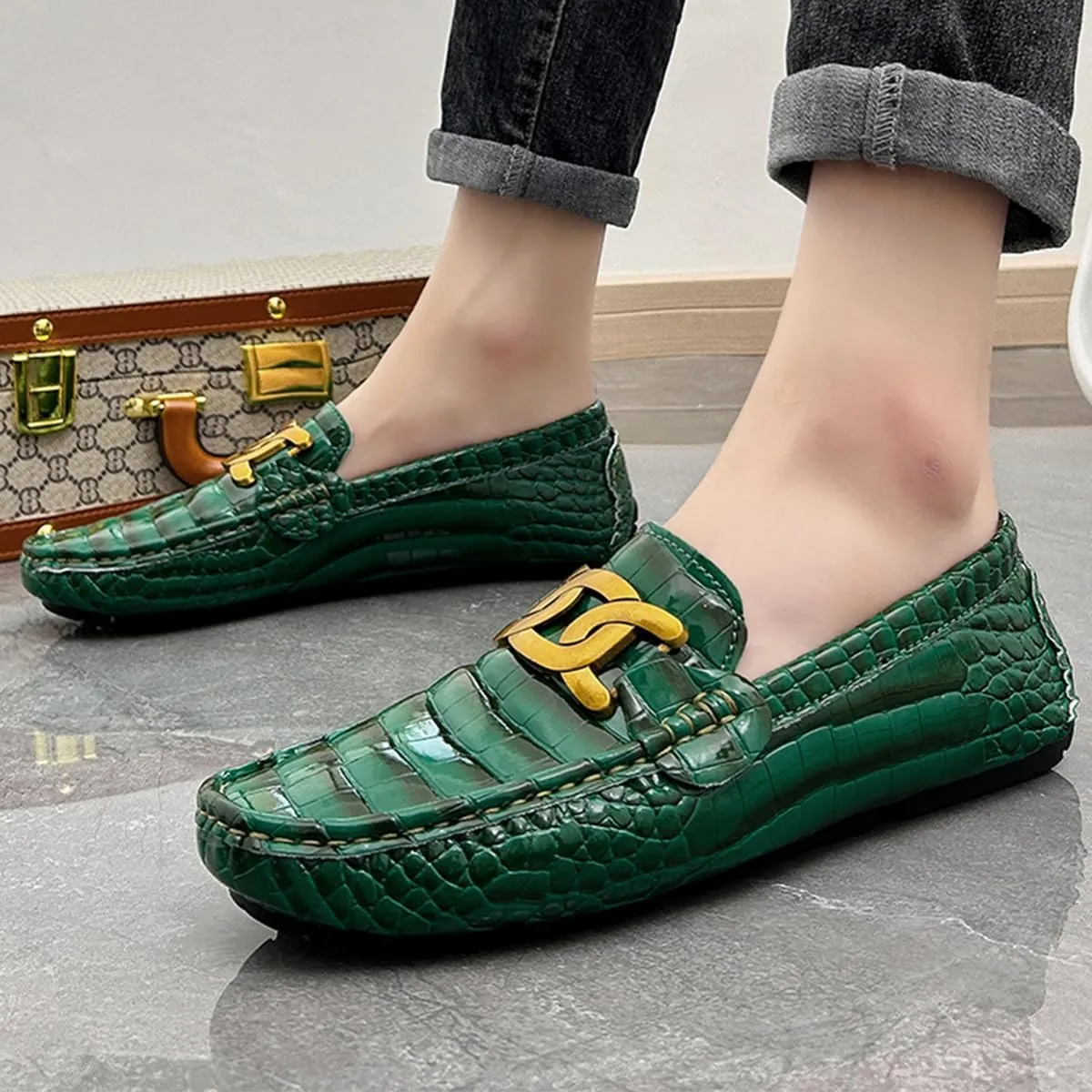 Men's Loafers Casual Slip On Loafers with Crocodile Embossed Metal Buckle Black Penny Loafers Comfortable Lightweight Driving Boat Shoes