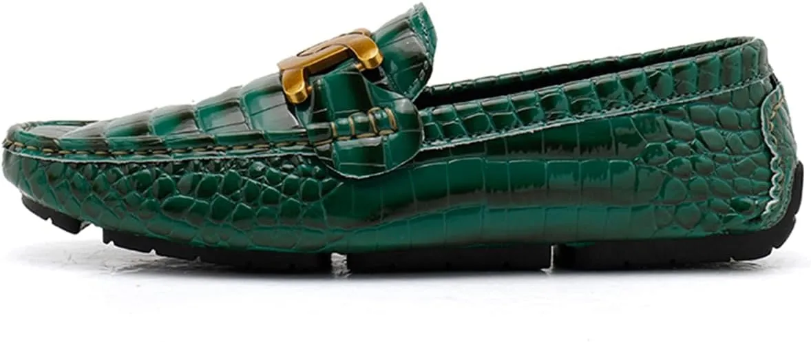 Men's Loafers Casual Slip On Loafers with Crocodile Embossed Metal Buckle Black Penny Loafers Comfortable Lightweight Driving Boat Shoes