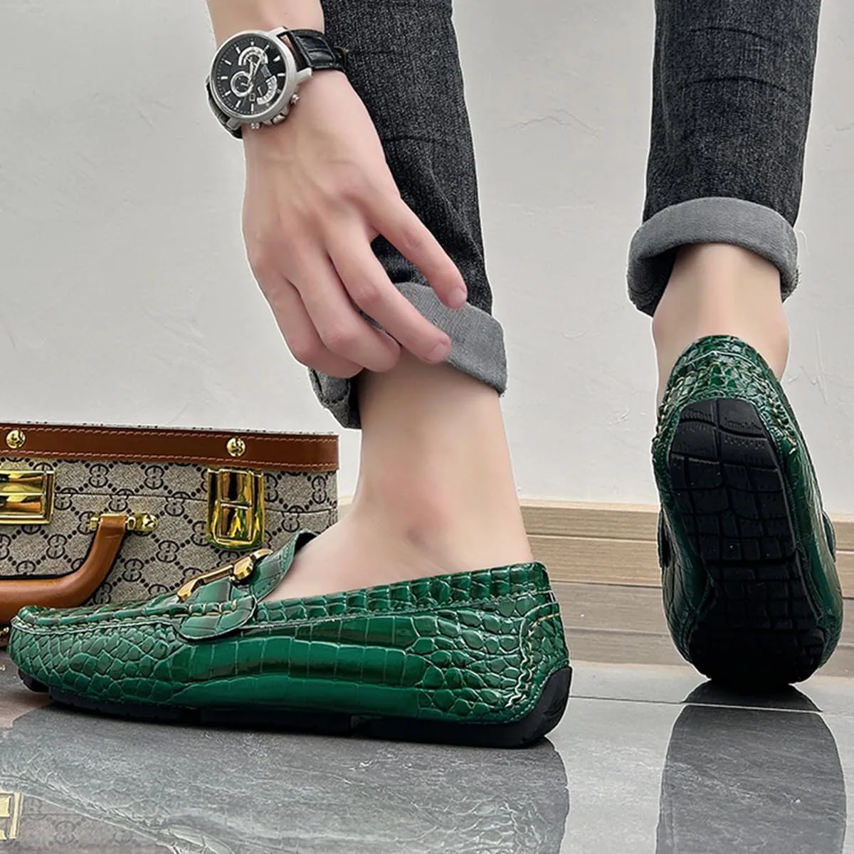 Men's Loafers Casual Slip On Loafers with Crocodile Embossed Metal Buckle Black Penny Loafers Comfortable Lightweight Driving Boat Shoes