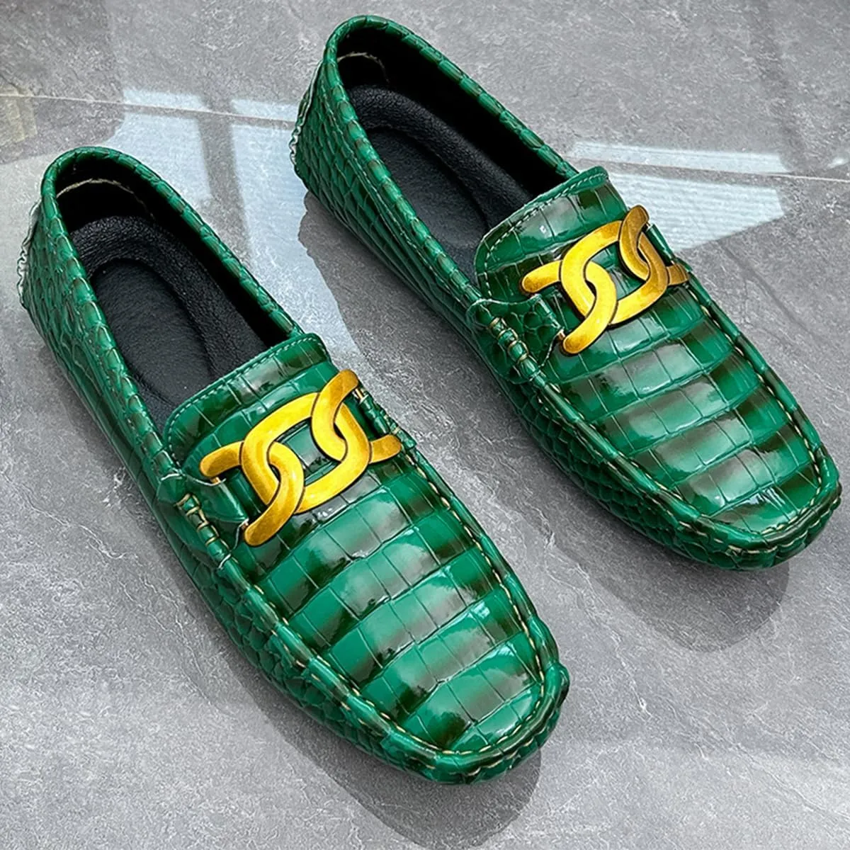 Men's Loafers Casual Slip On Loafers with Crocodile Embossed Metal Buckle Black Penny Loafers Comfortable Lightweight Driving Boat Shoes