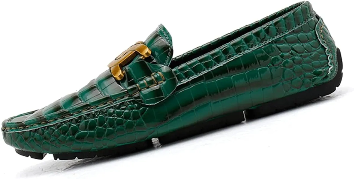 Men's Loafers Casual Slip On Loafers with Crocodile Embossed Metal Buckle Black Penny Loafers Comfortable Lightweight Driving Boat Shoes
