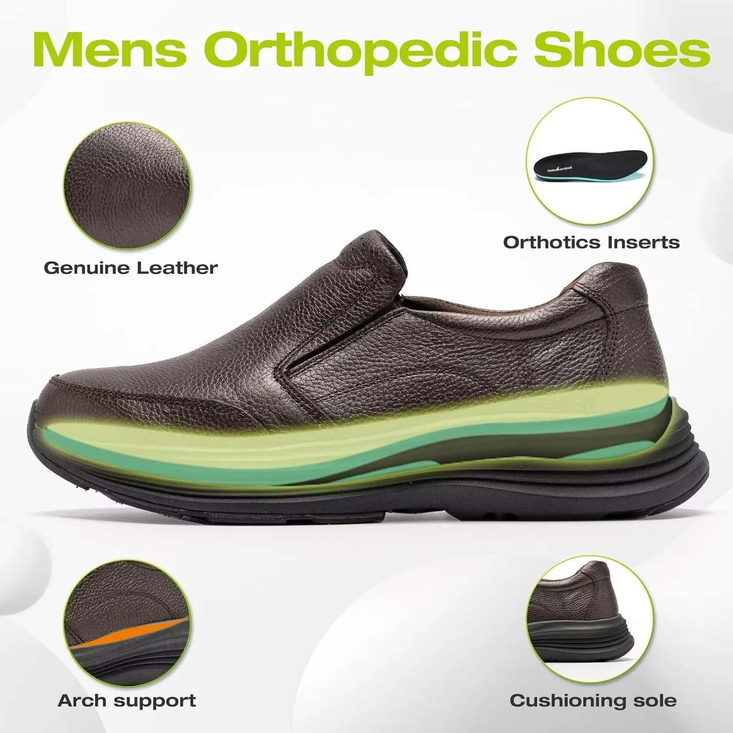 Men's Orthopedic Leather Dress Walking Shoes: Comfortable Orthotic Plantar Fasciitis Oxford Shoes with Arch Support, Flat Feet Casual Business Slip-On Loafers for Foot and Heel Pain Relief