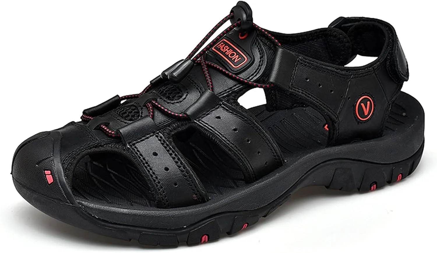 Mens Sports Outdoor Sandals, Genuine Leather Cowhide Summer Quality Beach Slippers, Casual Trekking Walking Hiking Touch Close Strap Sandals for Men,Black-38