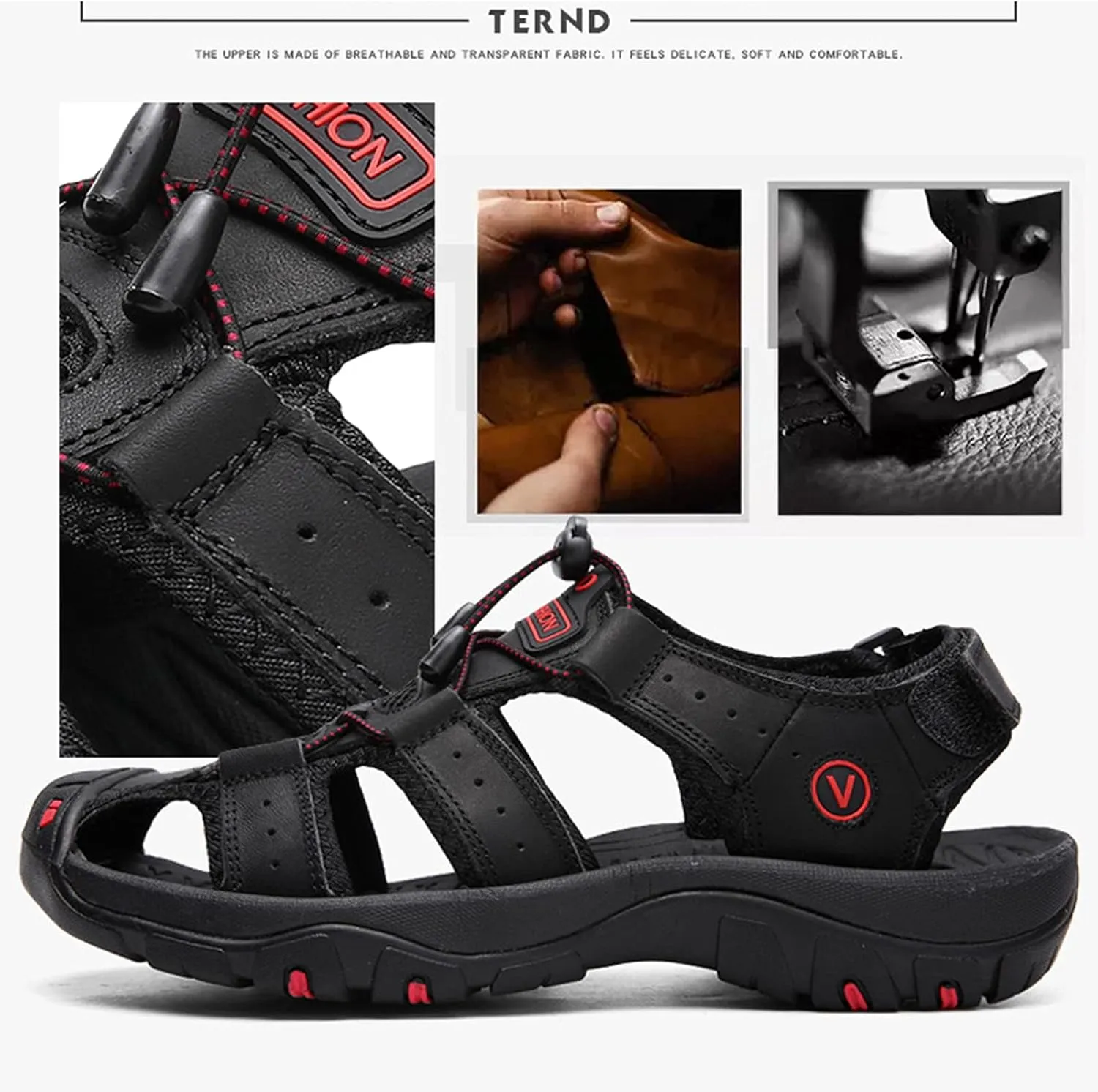 Mens Sports Outdoor Sandals, Genuine Leather Cowhide Summer Quality Beach Slippers, Casual Trekking Walking Hiking Touch Close Strap Sandals for Men,Black-38