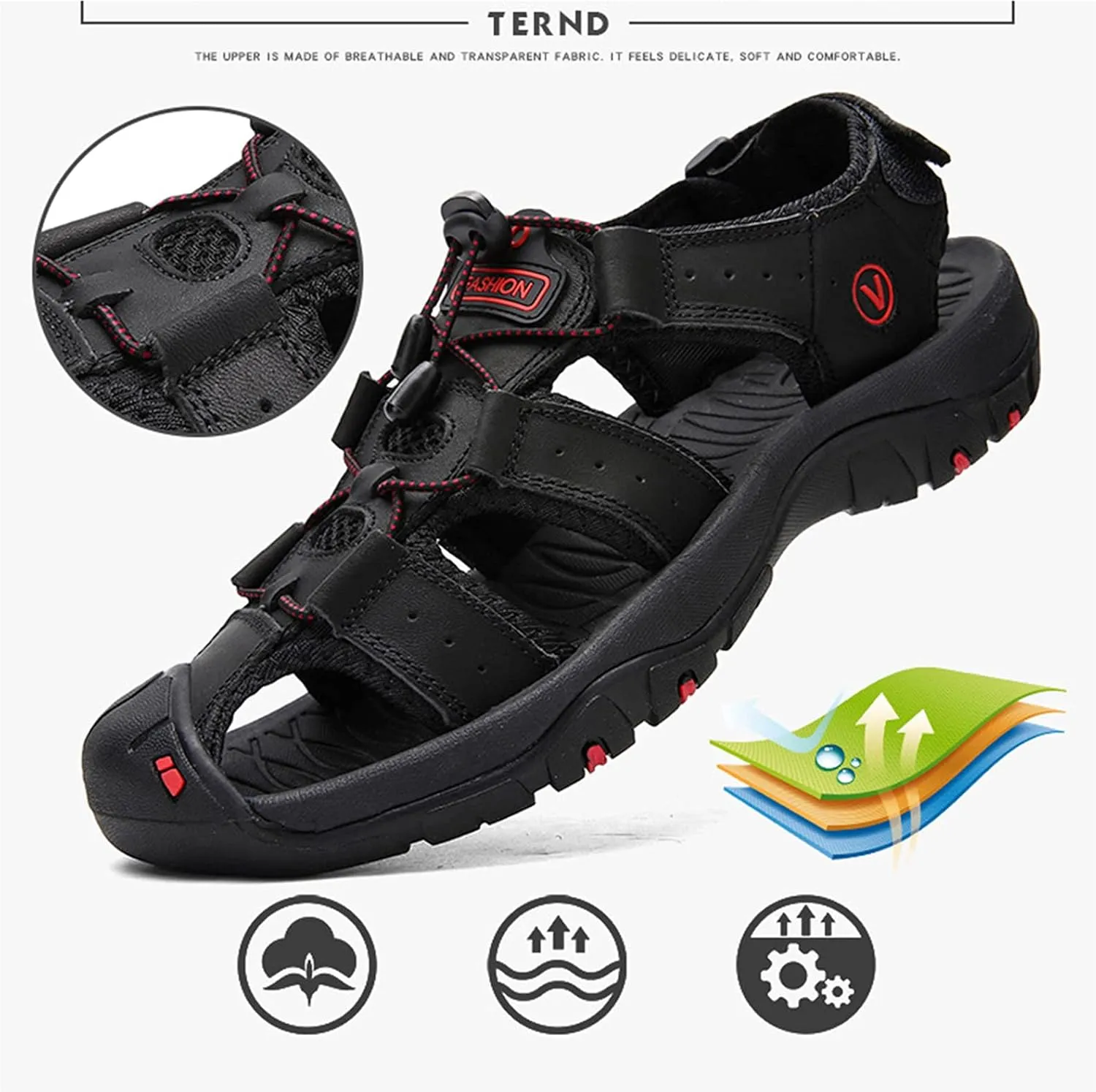 Mens Sports Outdoor Sandals, Genuine Leather Cowhide Summer Quality Beach Slippers, Casual Trekking Walking Hiking Touch Close Strap Sandals for Men,Black-38