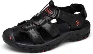 Mens Sports Outdoor Sandals, Genuine Leather Cowhide Summer Quality Beach Slippers, Casual Trekking Walking Hiking Touch Close Strap Sandals for Men,Black-38