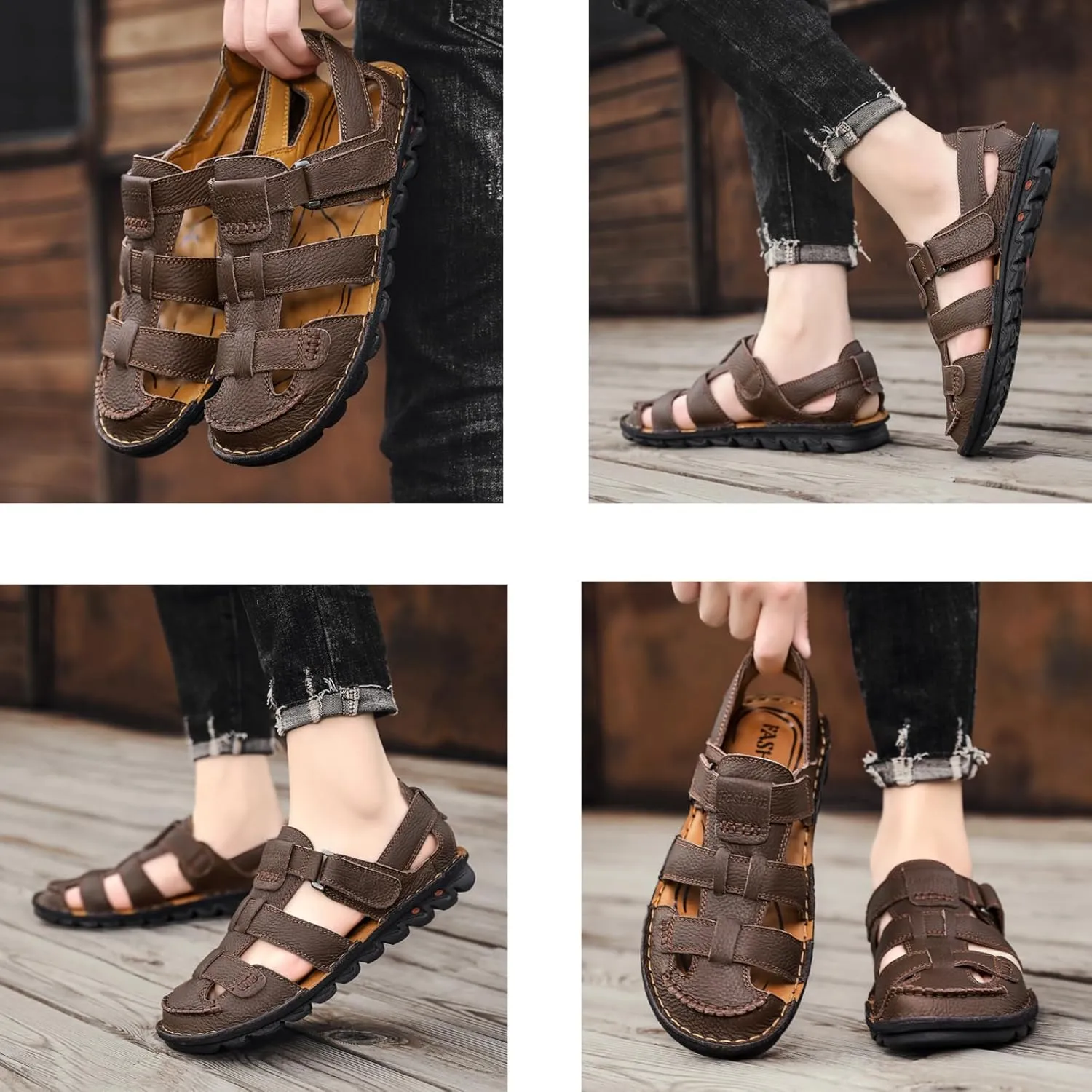 Mens Summer Casual Closed Toe Leather Sandals Outdoor Fisherman Adjustable Beach Shoes