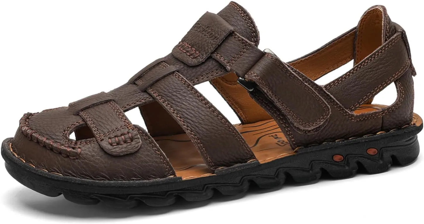 Mens Summer Casual Closed Toe Leather Sandals Outdoor Fisherman Adjustable Beach Shoes