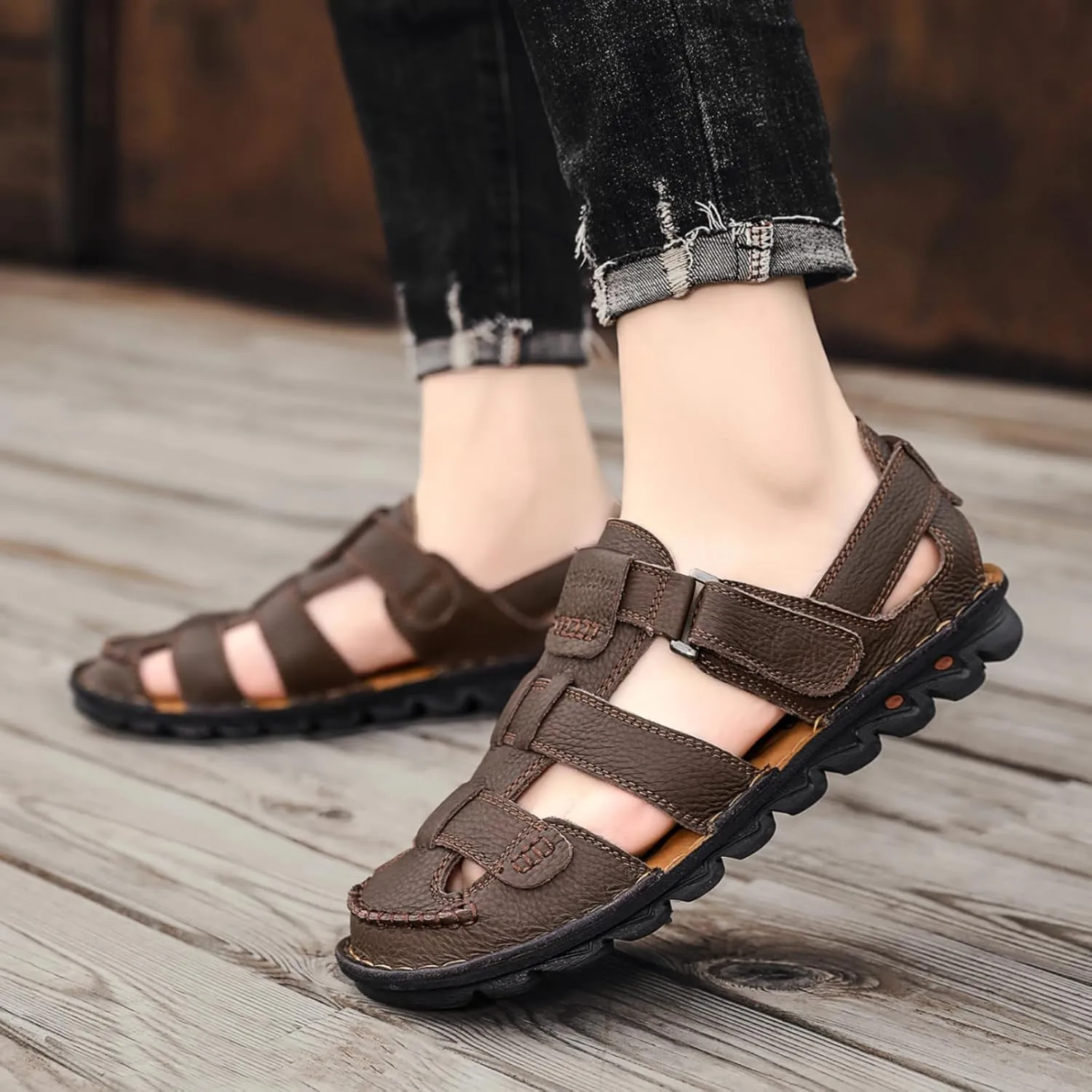 Mens Summer Casual Closed Toe Leather Sandals Outdoor Fisherman Adjustable Beach Shoes