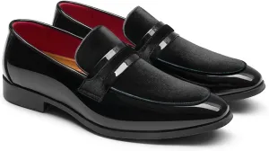 Mens Velvet Patent Leather Chunky Heel Dress Loafers Classic Square Toe Flat Non-Slip One-Step Business and Party Penny Tuxedo Shoes Wedding Work Shoes