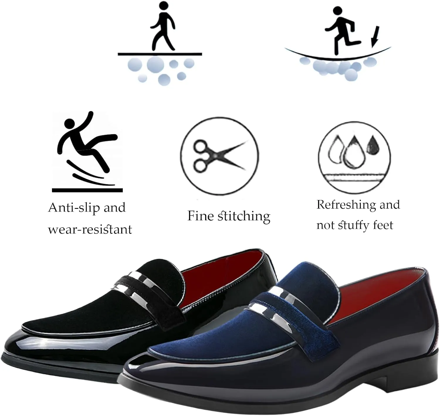 Mens Velvet Patent Leather Chunky Heel Dress Loafers Classic Square Toe Flat Non-Slip One-Step Business and Party Penny Tuxedo Shoes Wedding Work Shoes