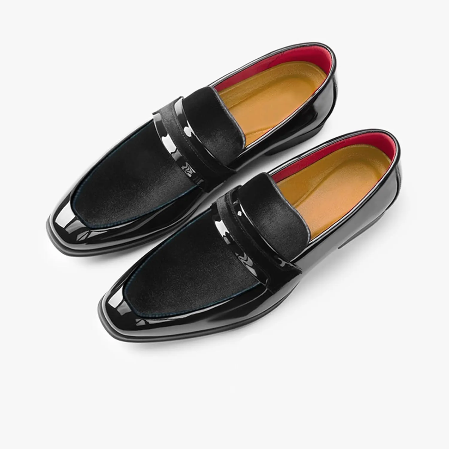 Mens Velvet Patent Leather Chunky Heel Dress Loafers Classic Square Toe Flat Non-Slip One-Step Business and Party Penny Tuxedo Shoes Wedding Work Shoes