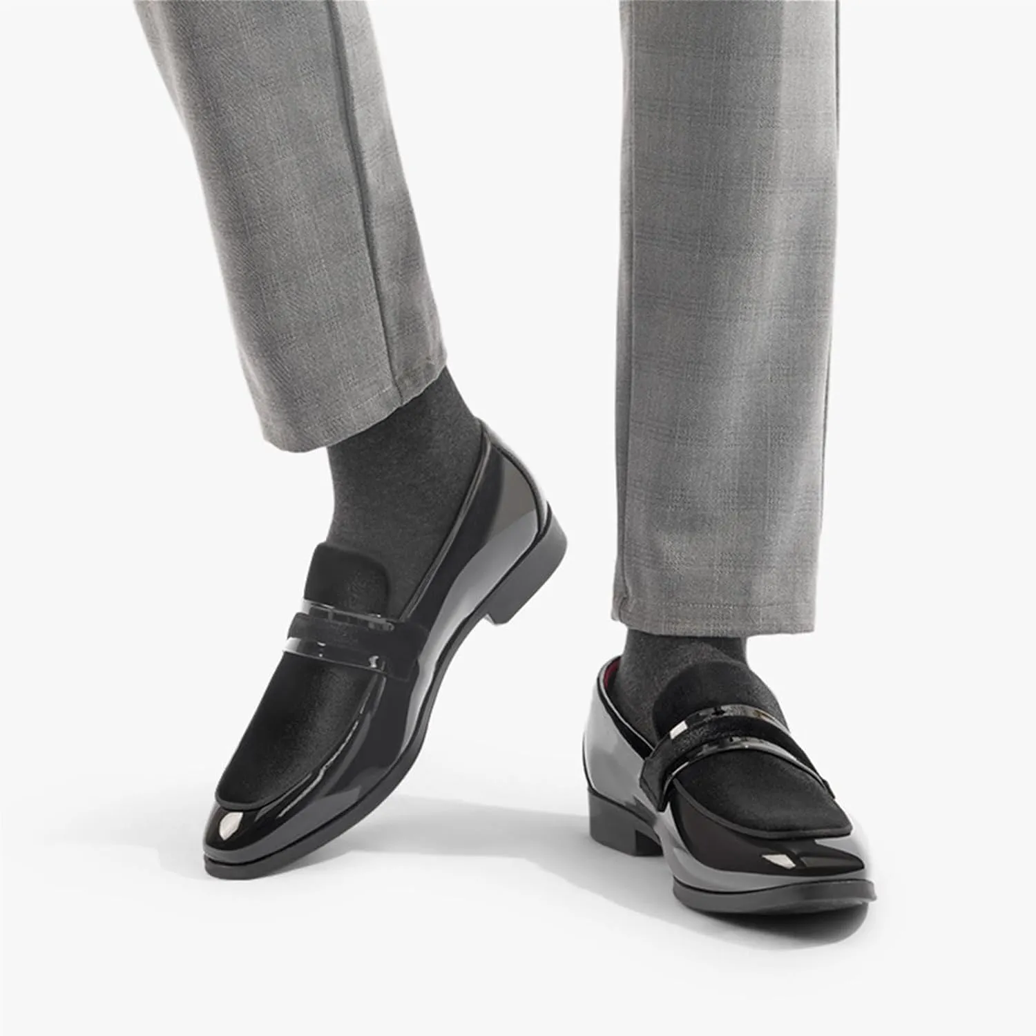 Mens Velvet Patent Leather Chunky Heel Dress Loafers Classic Square Toe Flat Non-Slip One-Step Business and Party Penny Tuxedo Shoes Wedding Work Shoes