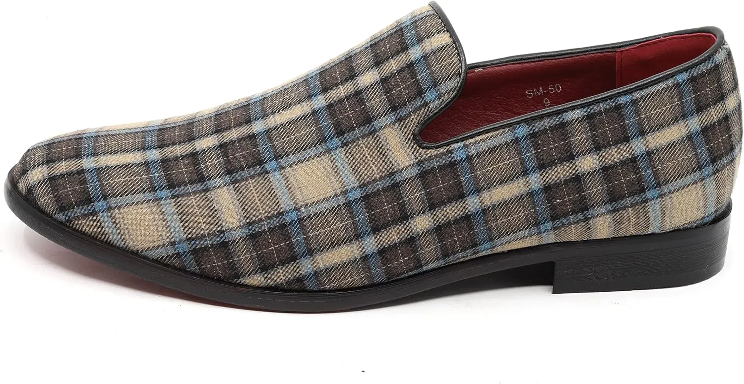 Men's Vintage Plaid Fashion Smoking Slipper Dress Tuxedo Loafers Slip On Shoes SM-50