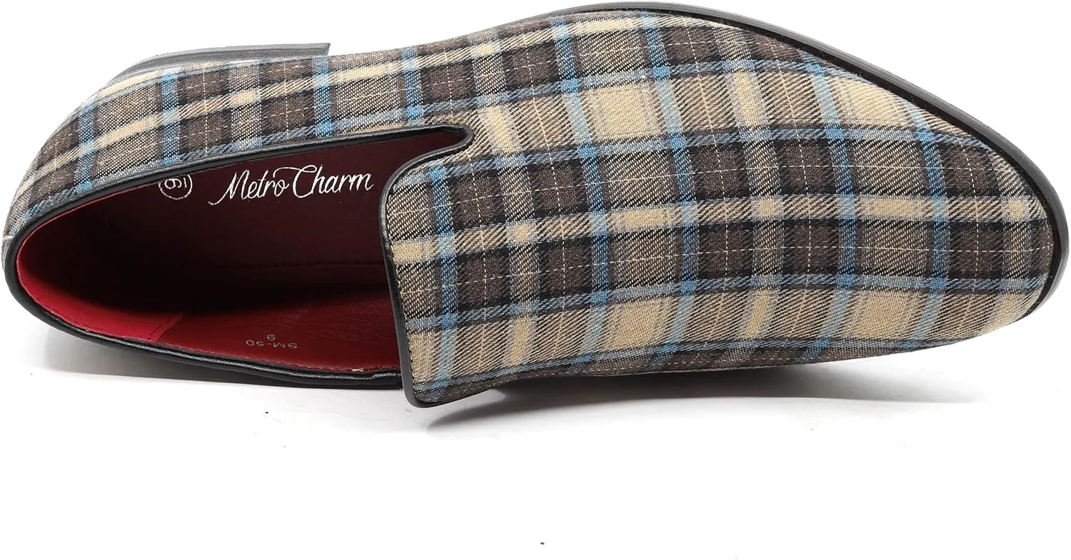 Men's Vintage Plaid Fashion Smoking Slipper Dress Tuxedo Loafers Slip On Shoes SM-50