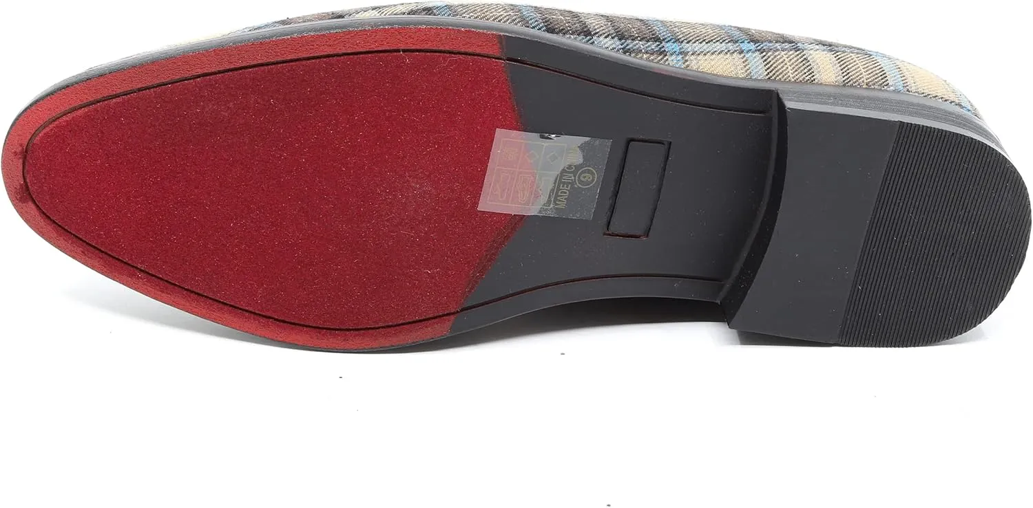Men's Vintage Plaid Fashion Smoking Slipper Dress Tuxedo Loafers Slip On Shoes SM-50