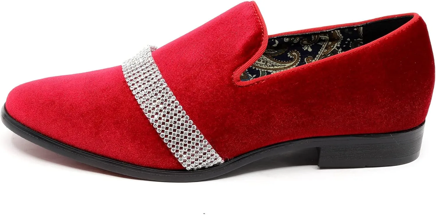 Metrocharm Men's Velvet Smoking Slipper with Rhinestone Embellished Strap Dress Tuxedo Loafer Slip On Shoe SM-10